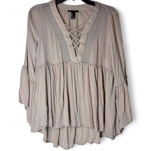 Forever 21 Beige Lace Up V Neck Bell Sleeve Top Womens Small Babydoll Boho Fairy